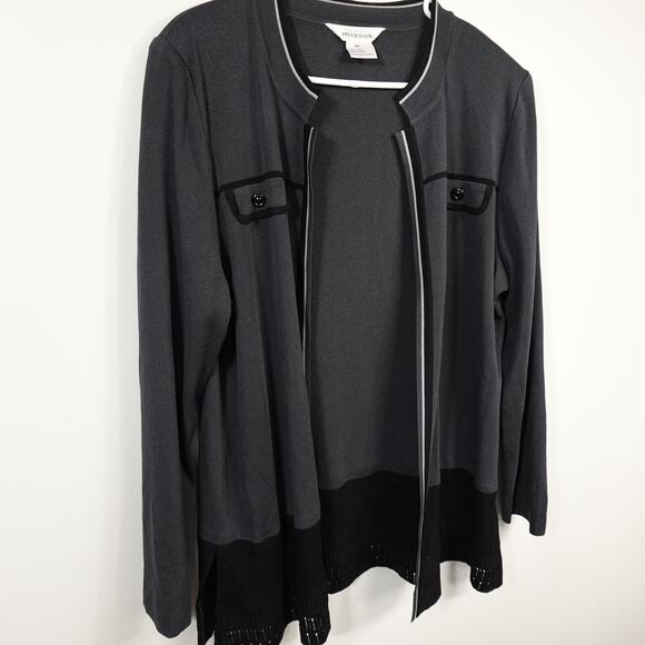 Exclusively Misook Grey Cardigan Open Front Black White Trim Shoulder Pads - Picture 3 of 10